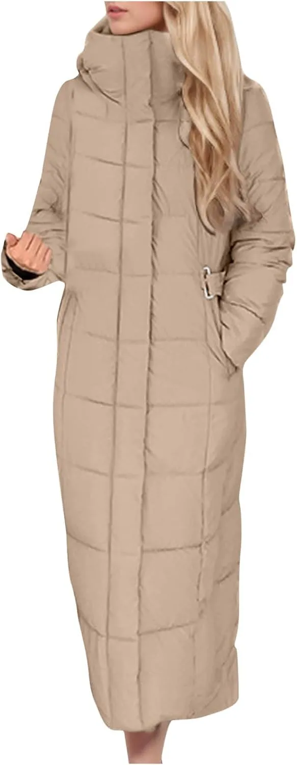 Borniu Women's Long Winter Puffer Coat Warm Maxi Down Jacket Hooded Zip Up Casual Thickened Puffer Jackets Overcoat