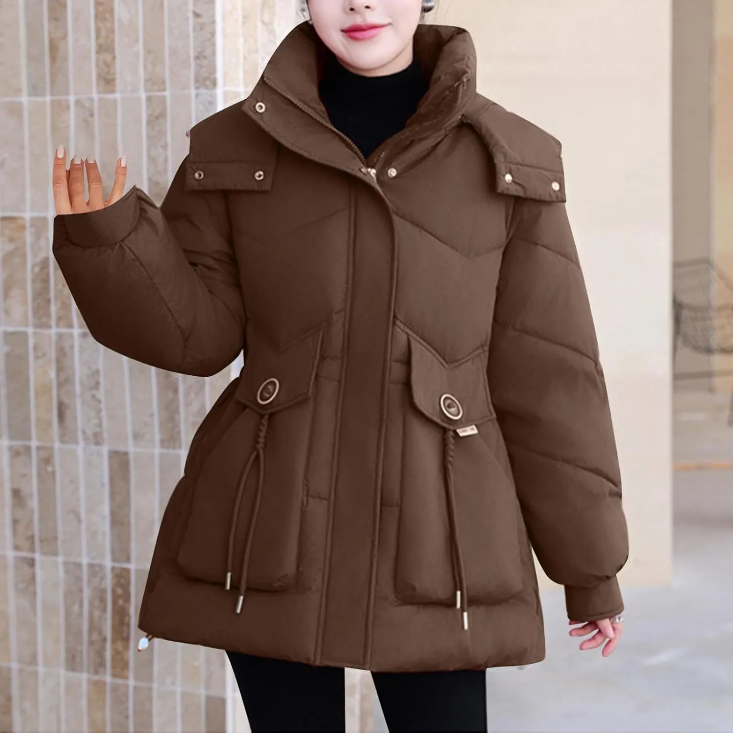 Borniu Women's Warm Thickened Parka Coat Winter Puffer Jacket Hooded Mid-Length Down Puffer Coats with Pockets