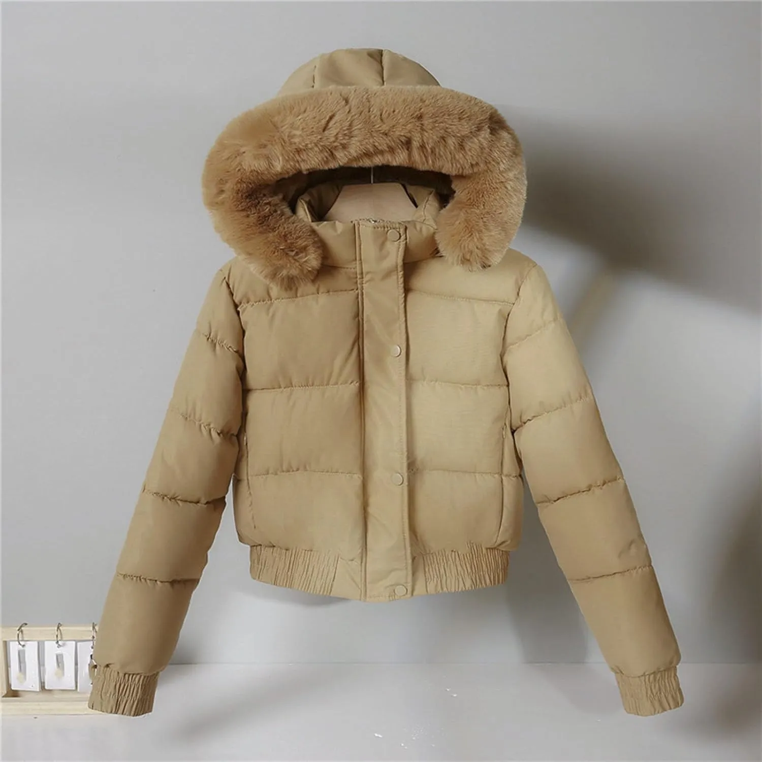 Borniu Women's Winter Cropped Quilted Puffer Coat Thicken Fleece Lined Down Jacket Faux Fur Hooded Fashion Puffer Jacket