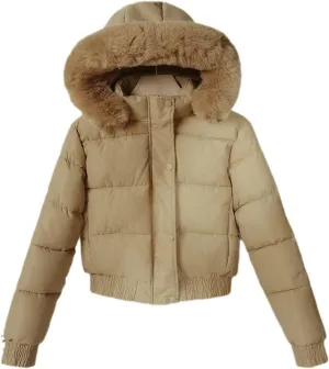 Borniu Women's Winter Cropped Quilted Puffer Coat Thicken Fleece Lined Down Jacket Faux Fur Hooded Fashion Puffer Jacket
