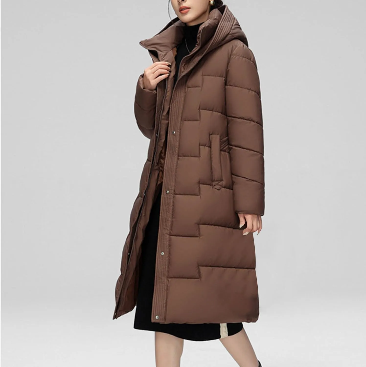 Borniu Women's Winter Down Jacket Long Quilted Puffer Coat Warm Hooded Slim Fit Outerwear Trendy Warm Puffer Jacket