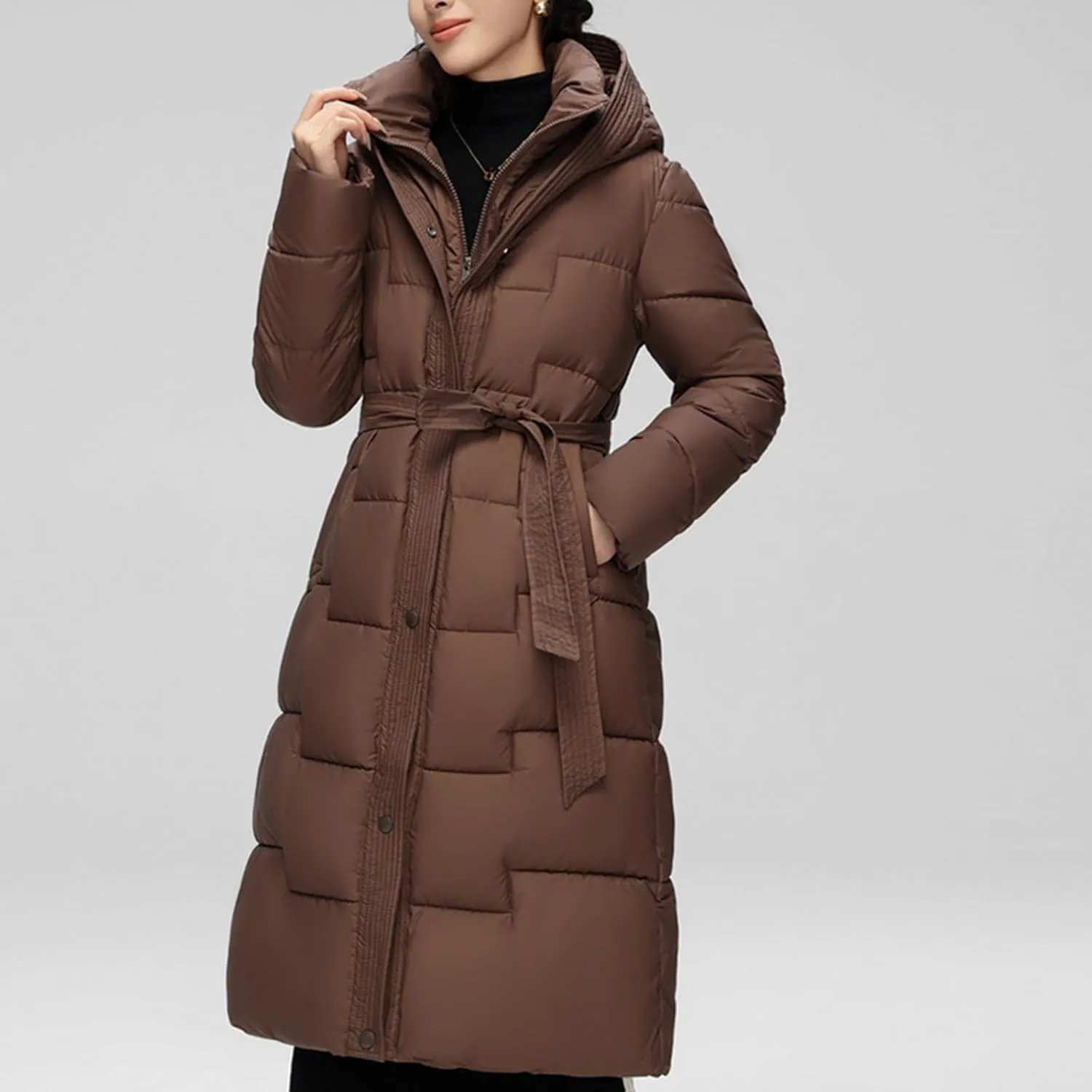 Borniu Women's Winter Down Jacket Long Quilted Puffer Coat Warm Hooded Slim Fit Outerwear Trendy Warm Puffer Jacket