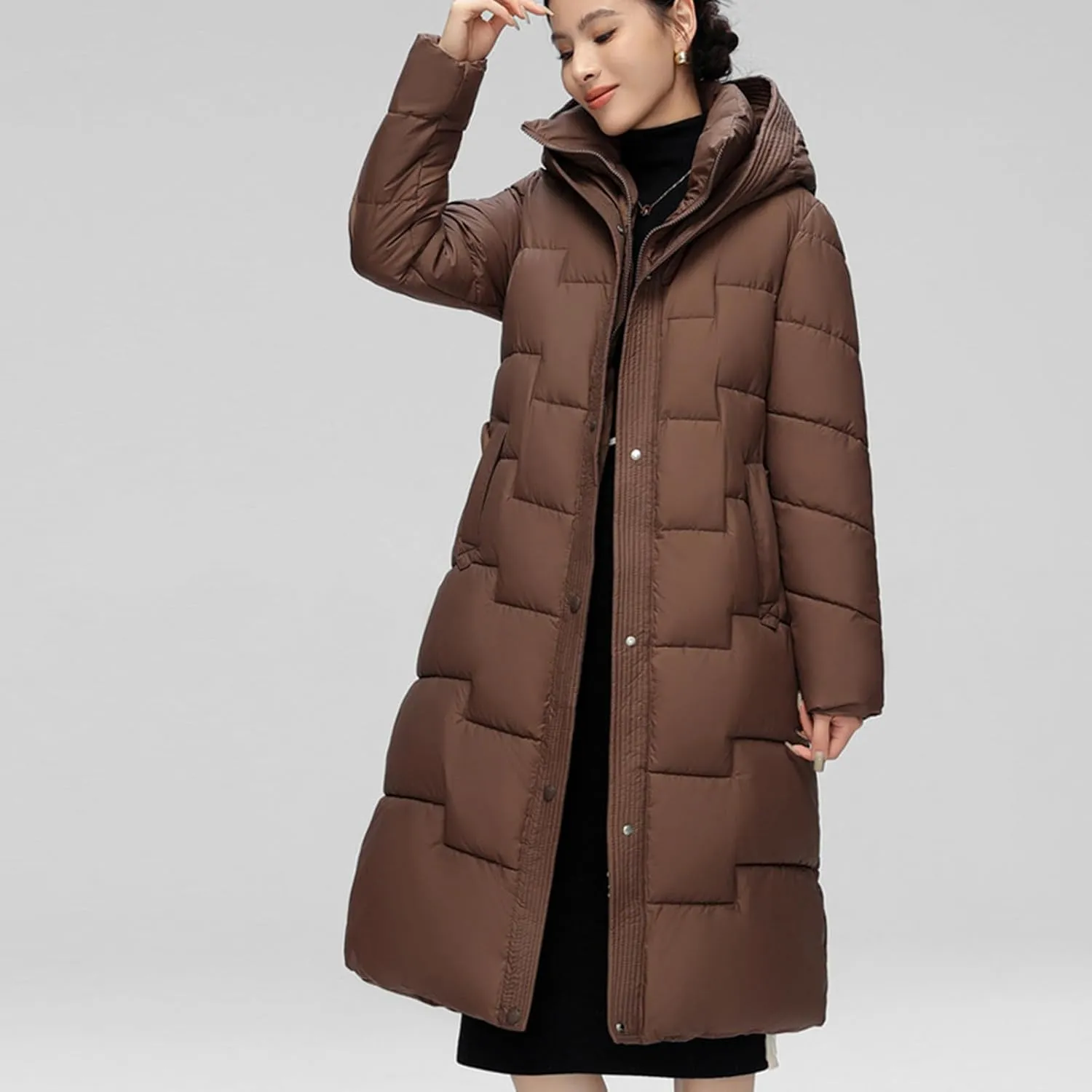 Borniu Women's Winter Down Jacket Long Quilted Puffer Coat Warm Hooded Slim Fit Outerwear Trendy Warm Puffer Jacket