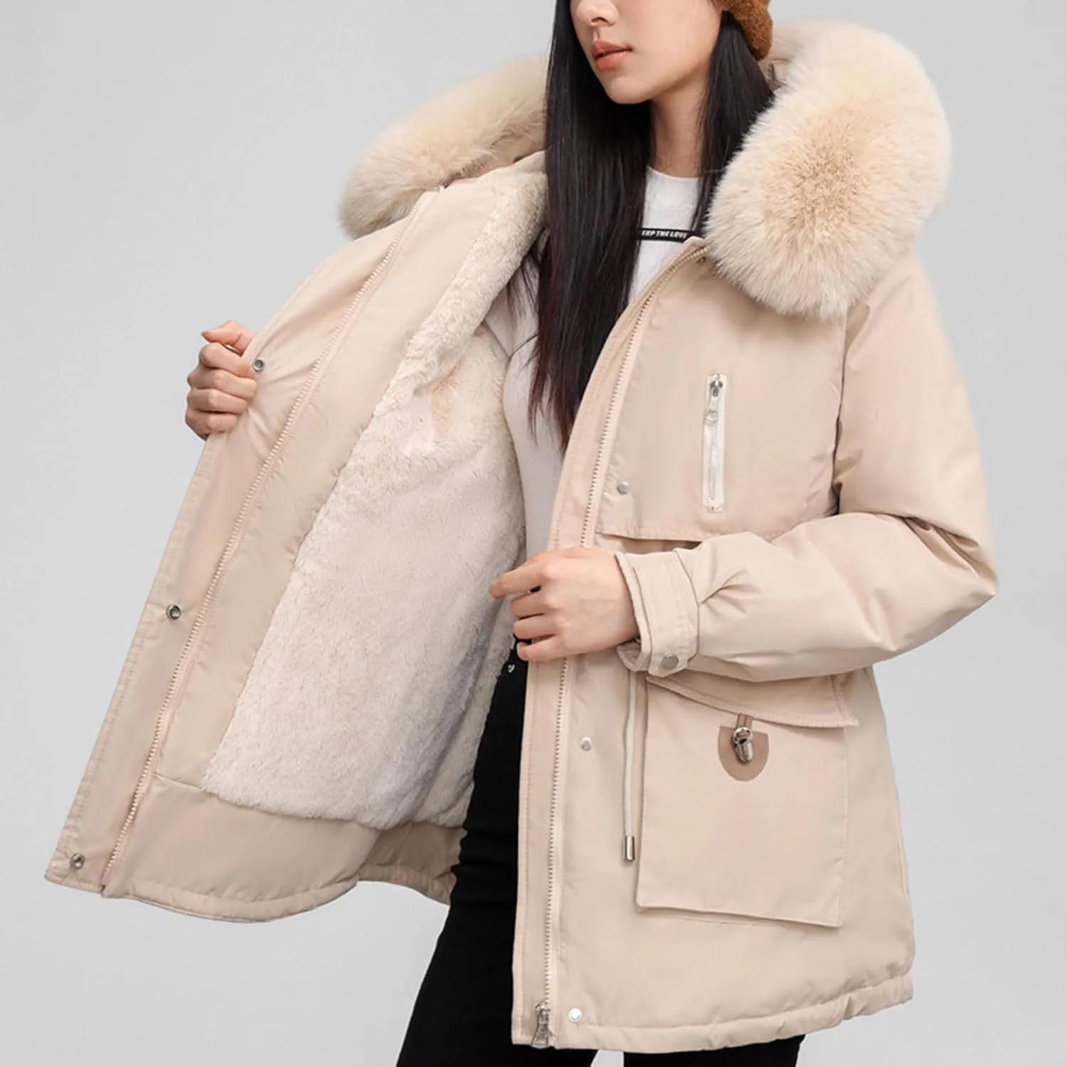 Borniu Women's Winter Puffer Coat Thicken Fleece Lined Down Jacket Faux Fur Hooded Parka Jacket 2024 Fashion Winter Clothes