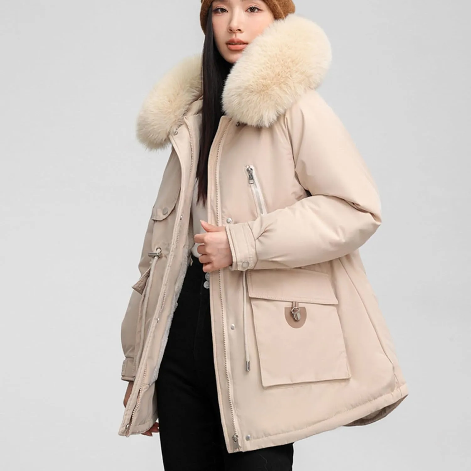 Borniu Women's Winter Puffer Coat Thicken Fleece Lined Down Jacket Faux Fur Hooded Parka Jacket 2024 Fashion Winter Clothes