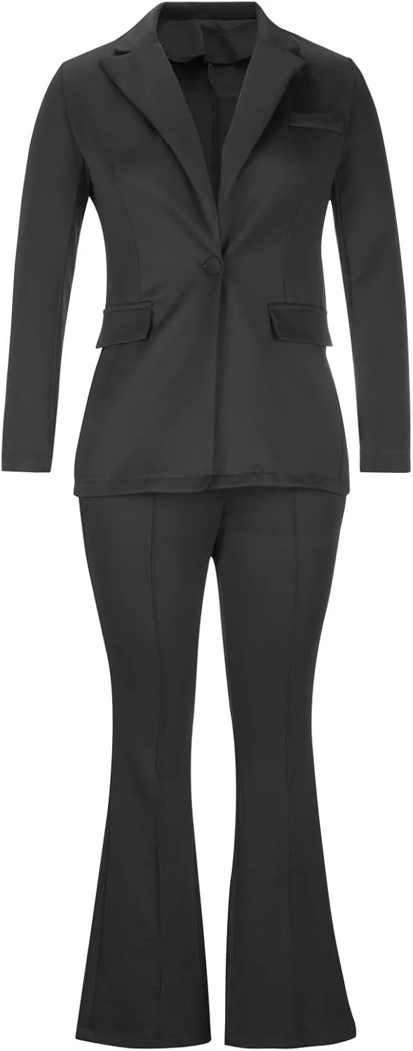 Business Casual Clothes for Women Fashion Work Suit Two Piece Outfits Dressy Button Blazer and Wide Leg Pant Suit Set