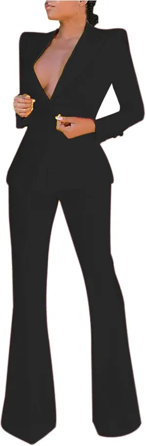 Business Casual Clothes for Women Fashion Work Suit Two Piece Outfits Dressy Button Blazer and Wide Leg Pant Suit Set