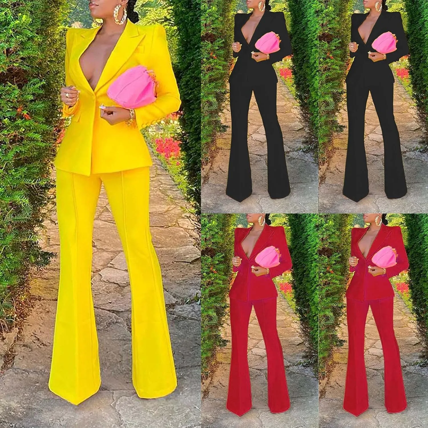 Business Casual Clothes for Women Fashion Work Suit Two Piece Outfits Dressy Button Blazer and Wide Leg Pant Suit Set