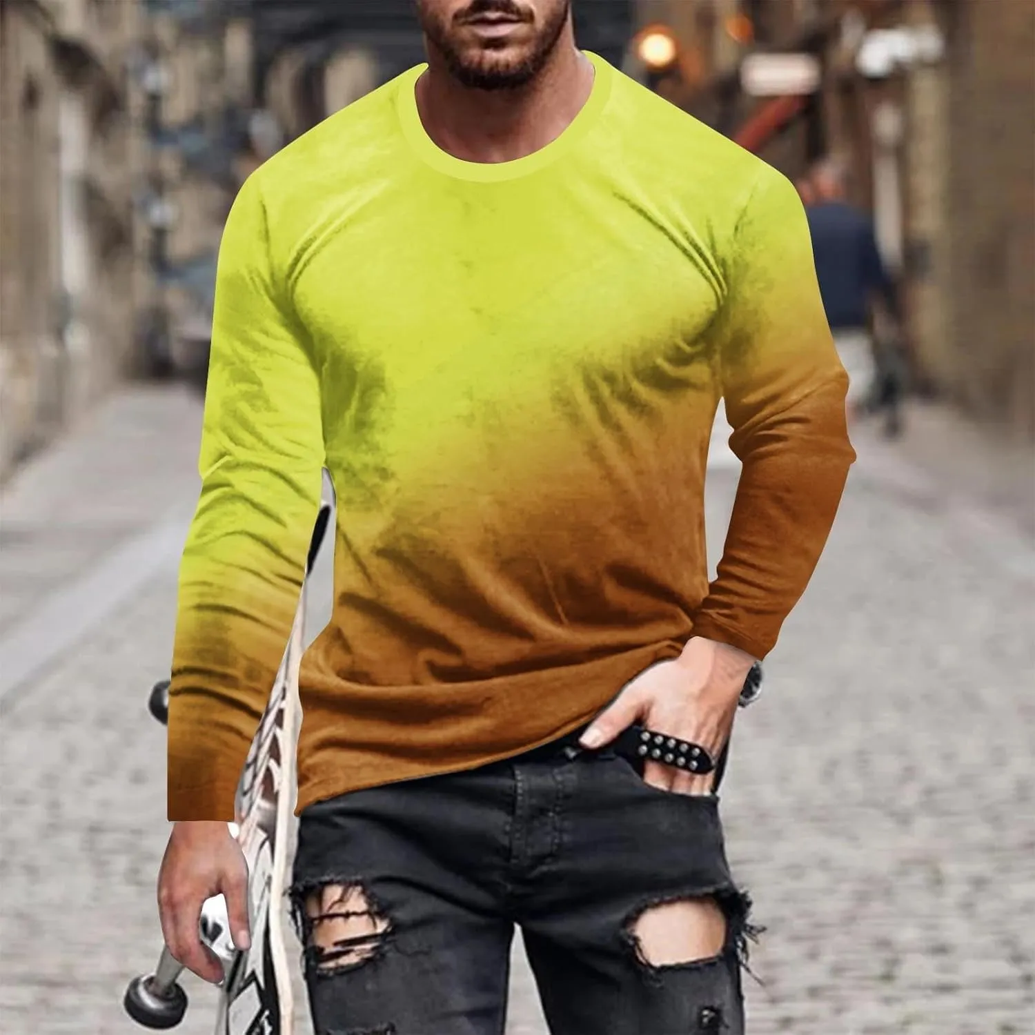 Casual Sports T-Shirts for Men Loose Crew Neck Gradient Long Sleeve Pullover Tops Fashion Comfort Athletic Blouses
