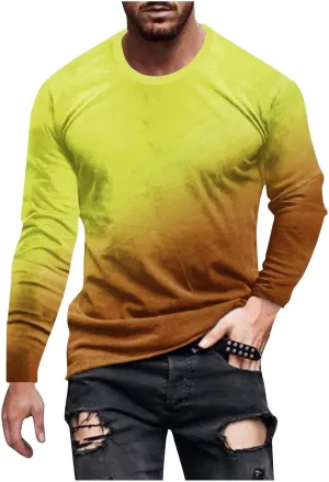 Casual Sports T-Shirts for Men Loose Crew Neck Gradient Long Sleeve Pullover Tops Fashion Comfort Athletic Blouses