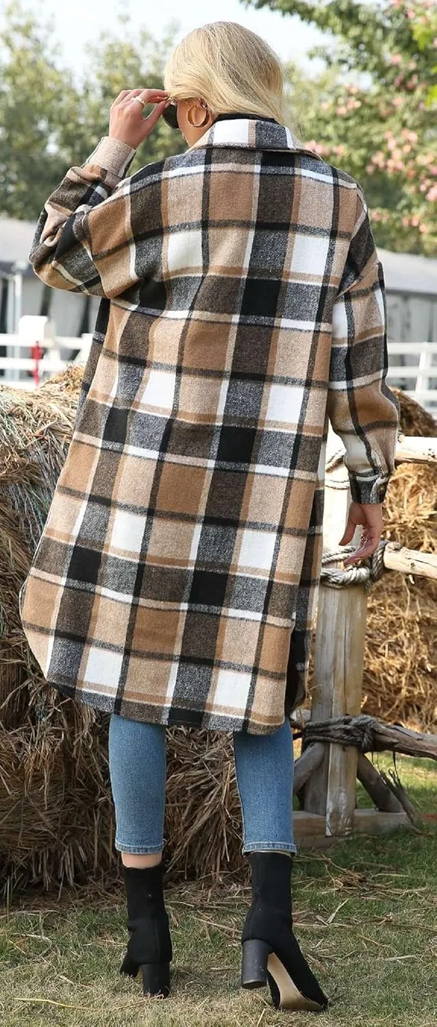 CHARTOU Women's Oversized Single-Breast Faux Wool Plaid Long Trench Coat Shacket