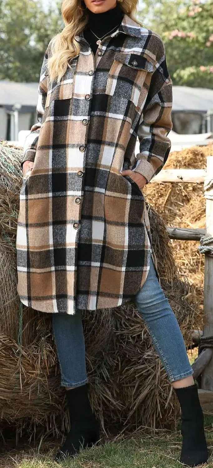 CHARTOU Women's Oversized Single-Breast Faux Wool Plaid Long Trench Coat Shacket