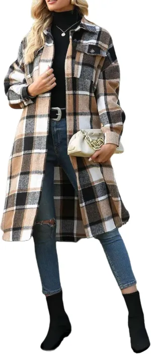 CHARTOU Women's Oversized Single-Breast Faux Wool Plaid Long Trench Coat Shacket