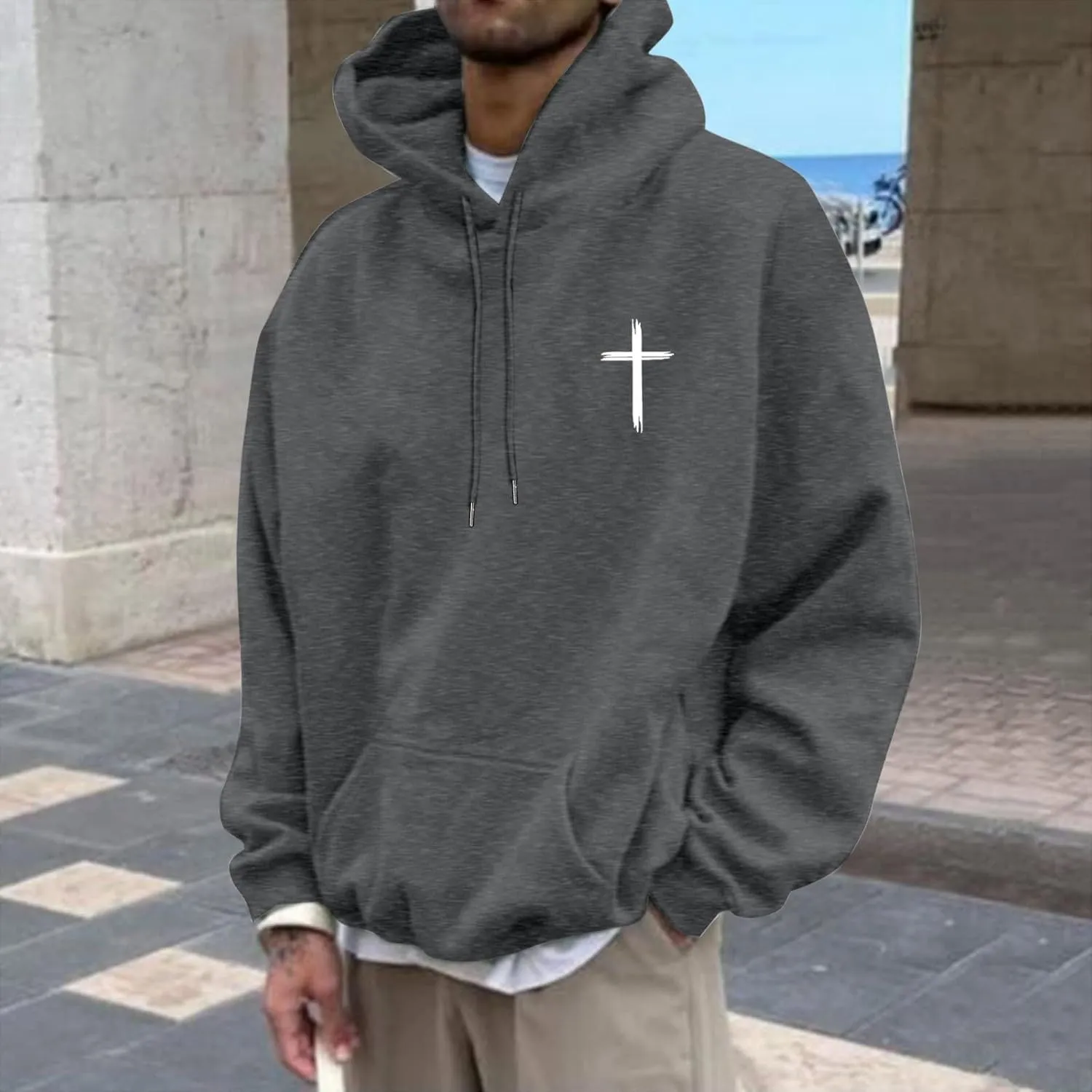 Christian Hoodie for Men God Loves You Letter Print Crewneck Causal Sweatshirt with Pocket Fall Drawstring Aesthetic Hoodies