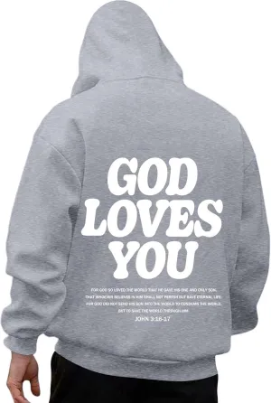 Christian Hoodie for Men God Loves You Letter Print Crewneck Causal Sweatshirt with Pocket Fall Drawstring Aesthetic Hoodies