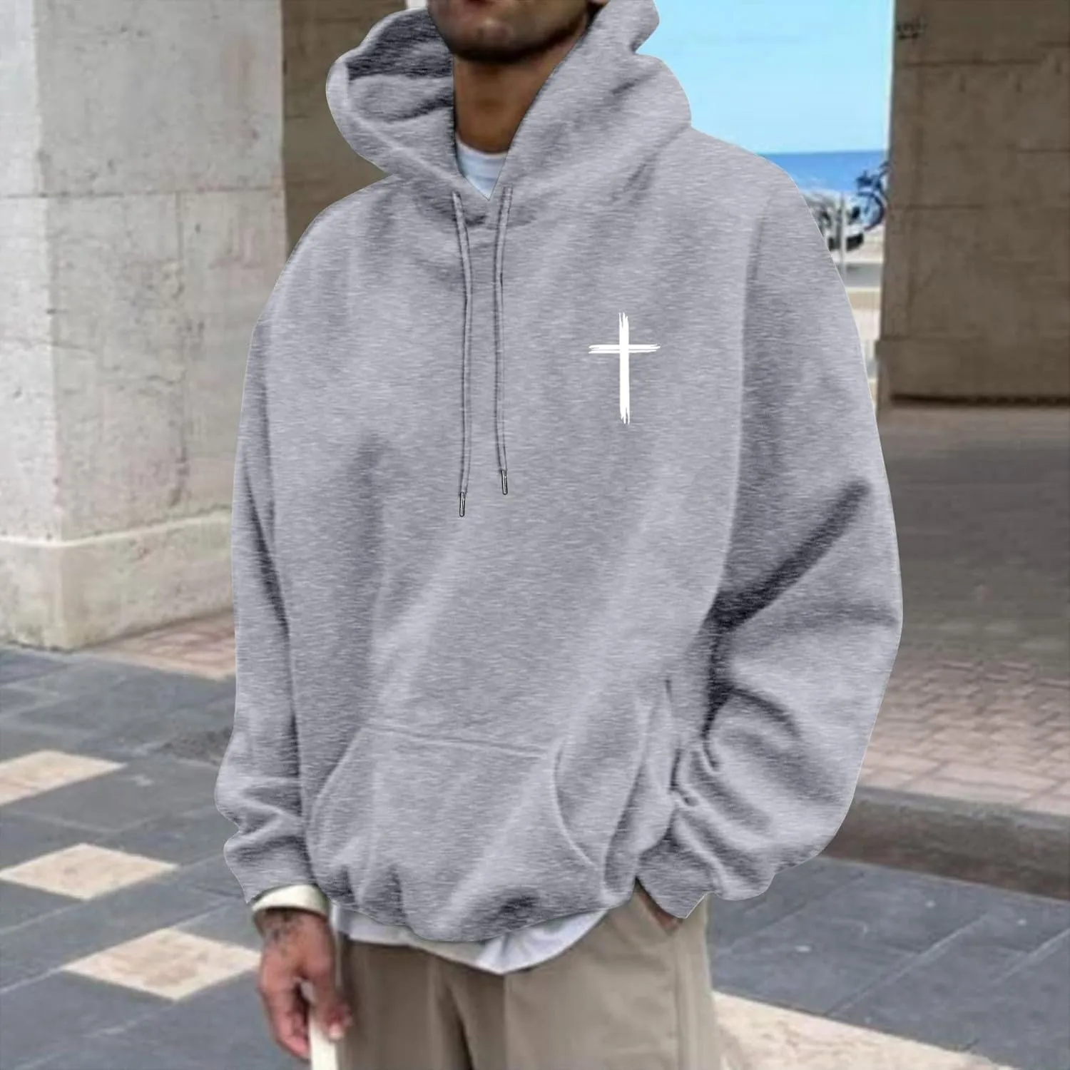 Christian Hoodie for Men God Loves You Letter Print Crewneck Causal Sweatshirt with Pocket Fall Drawstring Aesthetic Hoodies