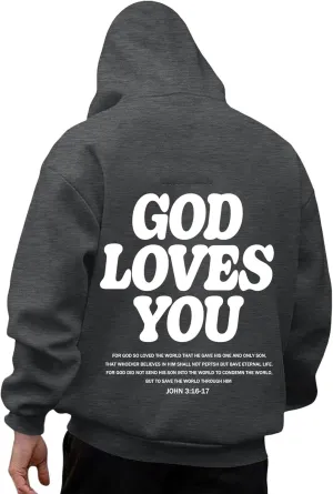 Christian Hoodie for Men God Loves You Letter Print Crewneck Causal Sweatshirt with Pocket Fall Drawstring Aesthetic Hoodies