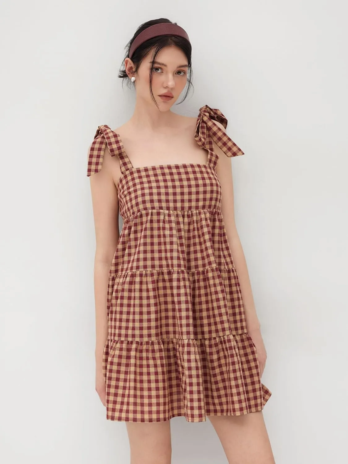 CIDER Mini Dress Gingham Check Bowknot Ruffle Tiered High Waist Sleeveless Dresses Ladies Casual Vacation Dress