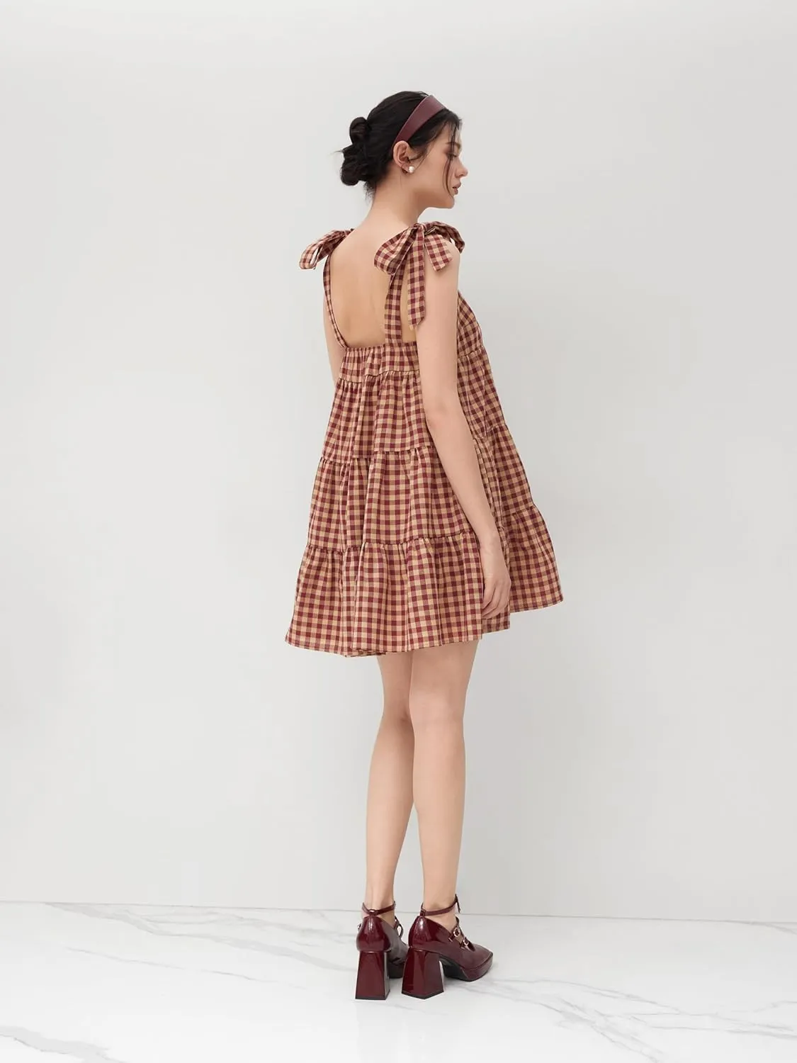 CIDER Mini Dress Gingham Check Bowknot Ruffle Tiered High Waist Sleeveless Dresses Ladies Casual Vacation Dress