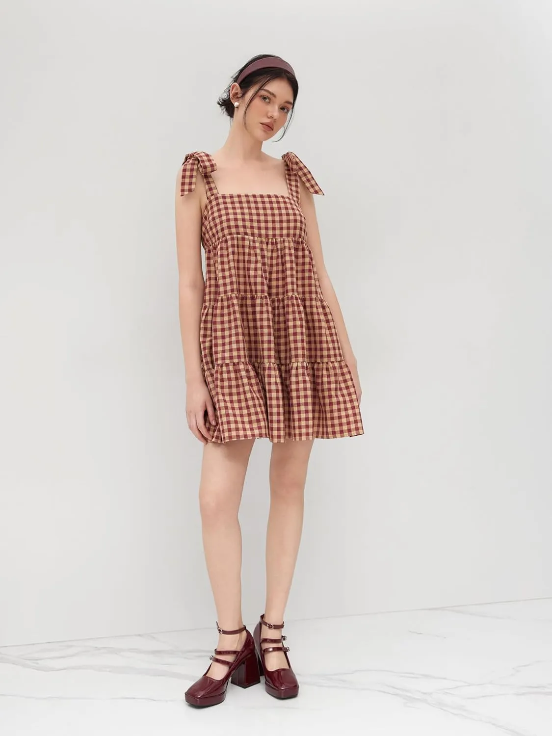 CIDER Mini Dress Gingham Check Bowknot Ruffle Tiered High Waist Sleeveless Dresses Ladies Casual Vacation Dress