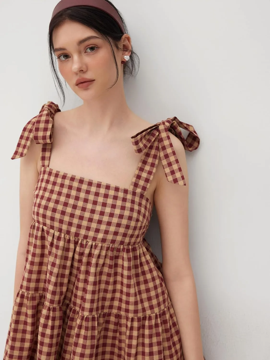 CIDER Mini Dress Gingham Check Bowknot Ruffle Tiered High Waist Sleeveless Dresses Ladies Casual Vacation Dress