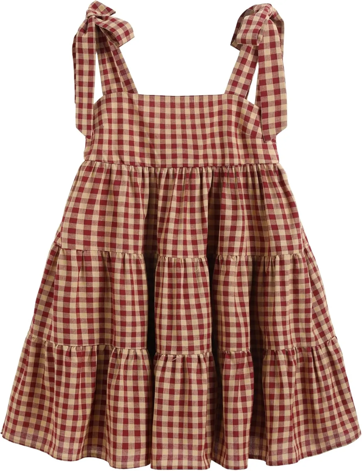 CIDER Mini Dress Gingham Check Bowknot Ruffle Tiered High Waist Sleeveless Dresses Ladies Casual Vacation Dress