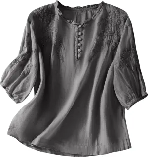 Cotton Linen Button Short Sleeve Shirts Vintage Embroidered Blouse Tops Summer Women Crew Neck Casual Boho Top 2025