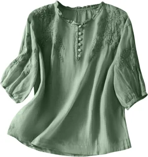 Cotton Linen Button Short Sleeve Shirts Vintage Embroidered Blouse Tops Summer Women Crew Neck Casual Boho Top 2025