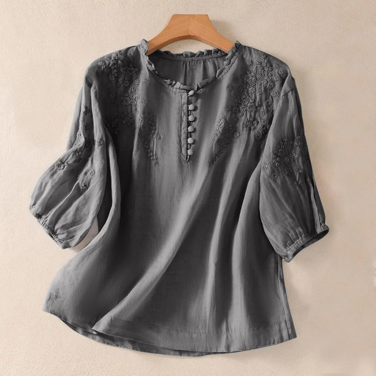 Cotton Linen Button Short Sleeve Shirts Vintage Embroidered Blouse Tops Summer Women Crew Neck Casual Boho Top 2025
