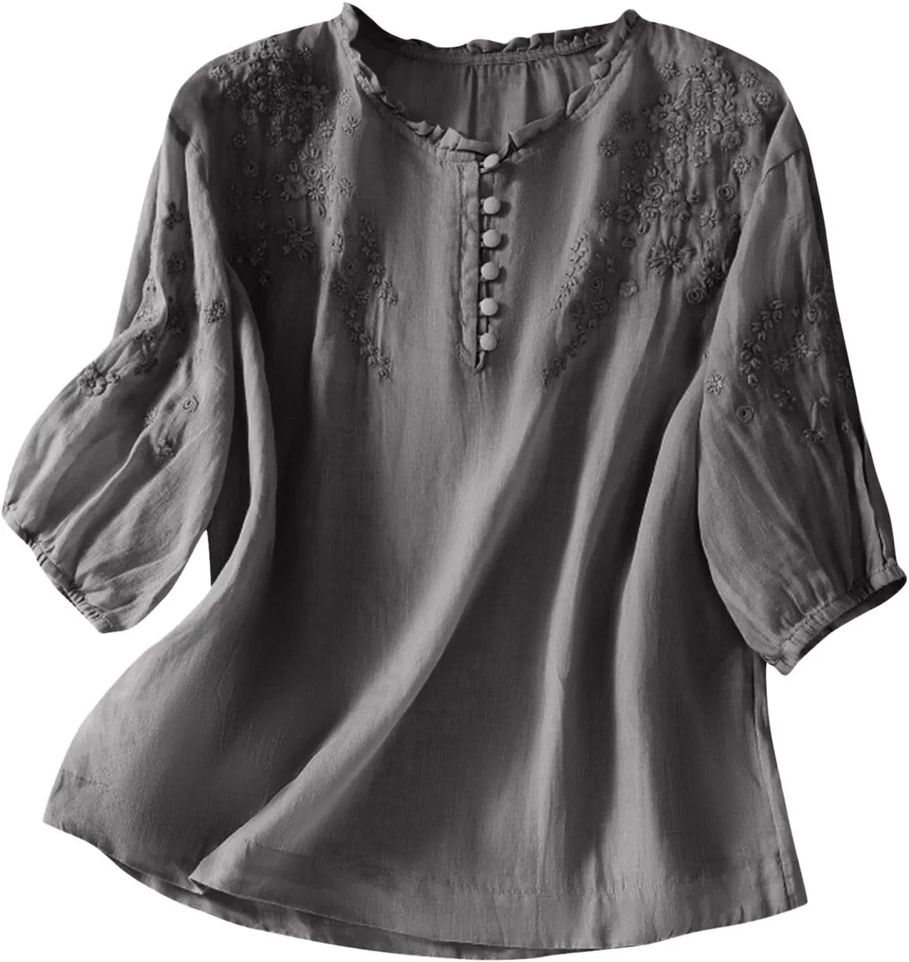 Cotton Linen Button Short Sleeve Shirts Vintage Embroidered Blouse Tops Summer Women Crew Neck Casual Boho Top 2025