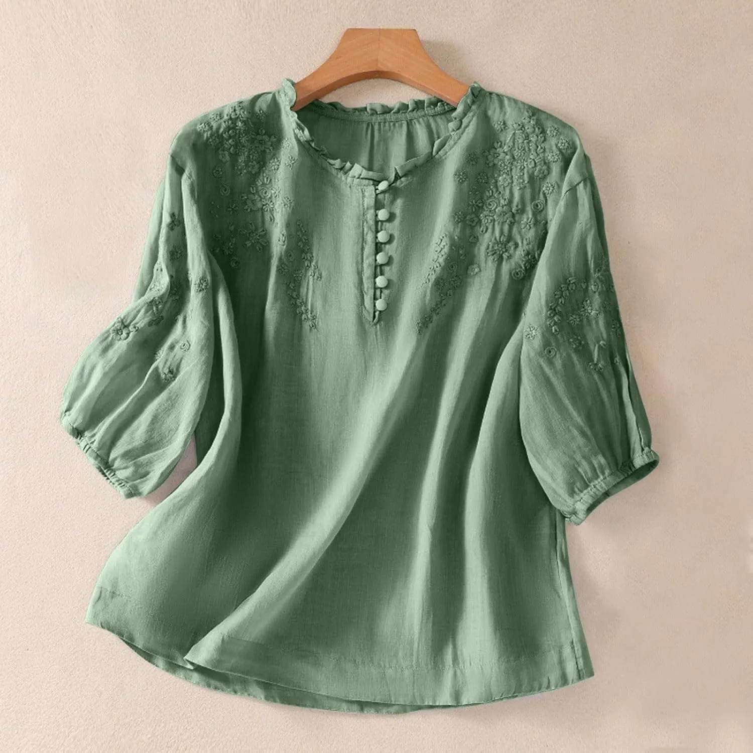 Cotton Linen Button Short Sleeve Shirts Vintage Embroidered Blouse Tops Summer Women Crew Neck Casual Boho Top 2025
