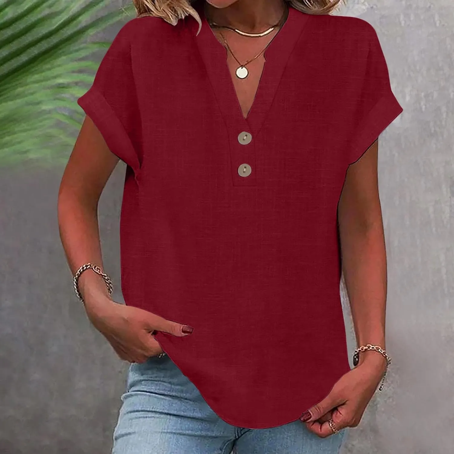 Cotton Linen for Women V Neck Button Down Tops Short Sleeve Basic Tee Summer Tops Casual Loose Solid Shirt Plus Size
