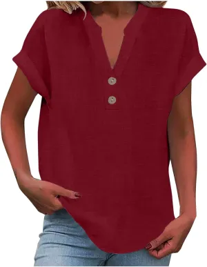 Cotton Linen for Women V Neck Button Down Tops Short Sleeve Basic Tee Summer Tops Casual Loose Solid Shirt Plus Size