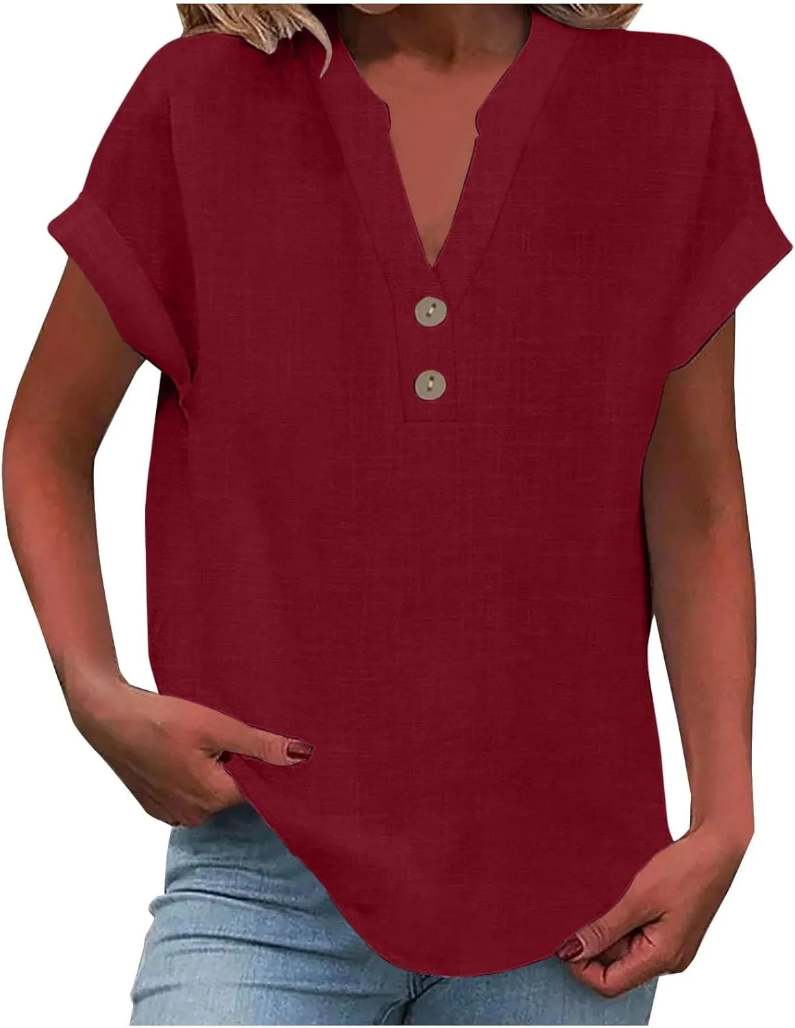 Cotton Linen for Women V Neck Button Down Tops Short Sleeve Basic Tee Summer Tops Casual Loose Solid Shirt Plus Size