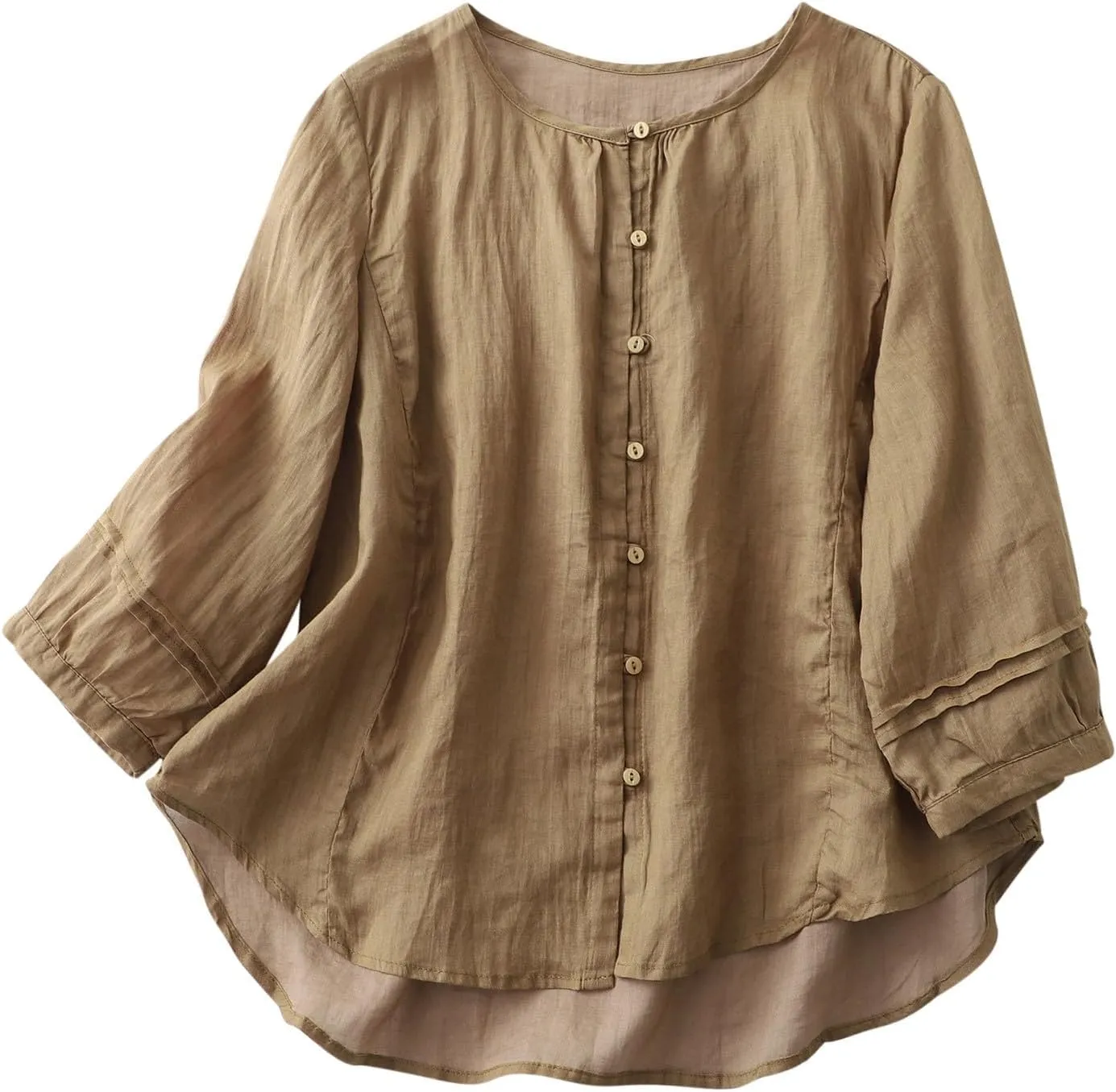 Cotton Linen Shirts for Women Long Sleeve Tops 2024 Summer Fashion Peasant Tees Casual Crewneck Button Blouses