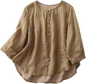 Cotton Linen Shirts for Women Long Sleeve Tops 2024 Summer Fashion Peasant Tees Casual Crewneck Button Blouses