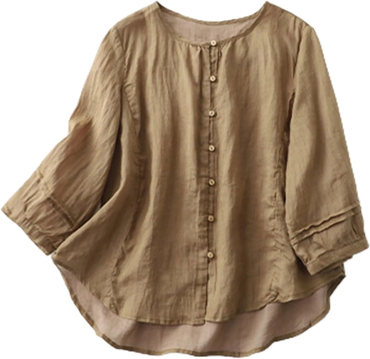 Cotton Linen Shirts for Women Long Sleeve Tops 2024 Summer Fashion Peasant Tees Casual Crewneck Button Blouses
