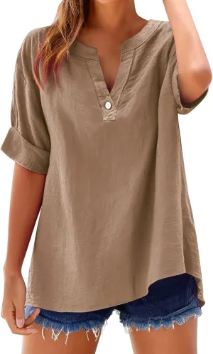 Cotton Linen Shirts for Women V Neck Button Down Blouse Loose Fit Oversized T Shirts Short Sleeve Casual Tops 2025