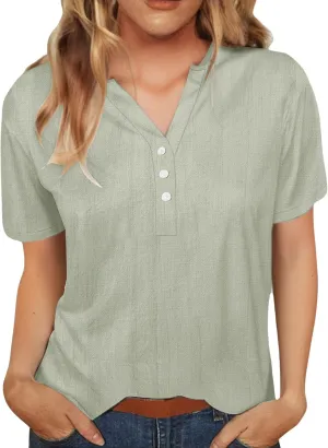 Cotton Linen T-Shirts for Women Short Sleeve V Neck Buttons Tops 2025 Summer Solid Color Vacation Blouse Pullover