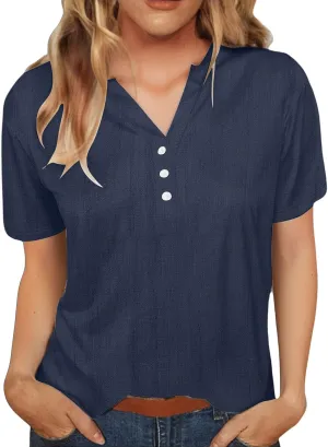 Cotton Linen T-Shirts for Women Short Sleeve V Neck Buttons Tops 2025 Summer Solid Color Vacation Blouse Pullover