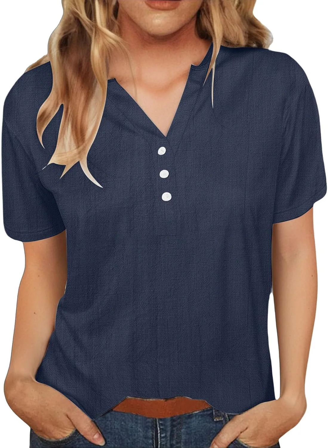Cotton Linen T-Shirts for Women Short Sleeve V Neck Buttons Tops 2025 Summer Solid Color Vacation Blouse Pullover