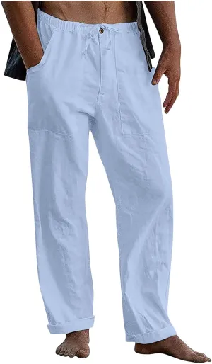 Dudubaby Mens Drawstring Pants Men's Casual Loose and Comfortable Casual Pants Cotton Linen Printed Drawstring Trousers