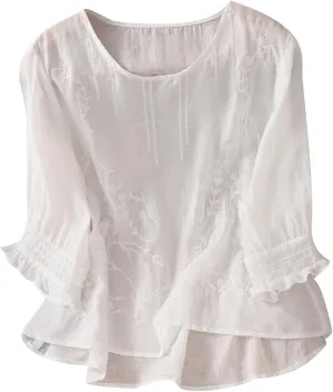 Embroidered Linen Shirts for Women 2025 Summer 3/4 Sleeve Boho Peasant Tops Vintage Crew Neck Blouses Tees Tunics
