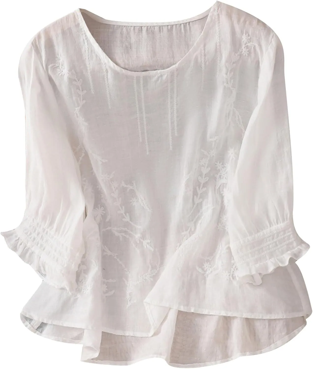 Embroidered Linen Shirts for Women 2025 Summer 3/4 Sleeve Boho Peasant Tops Vintage Crew Neck Blouses Tees Tunics