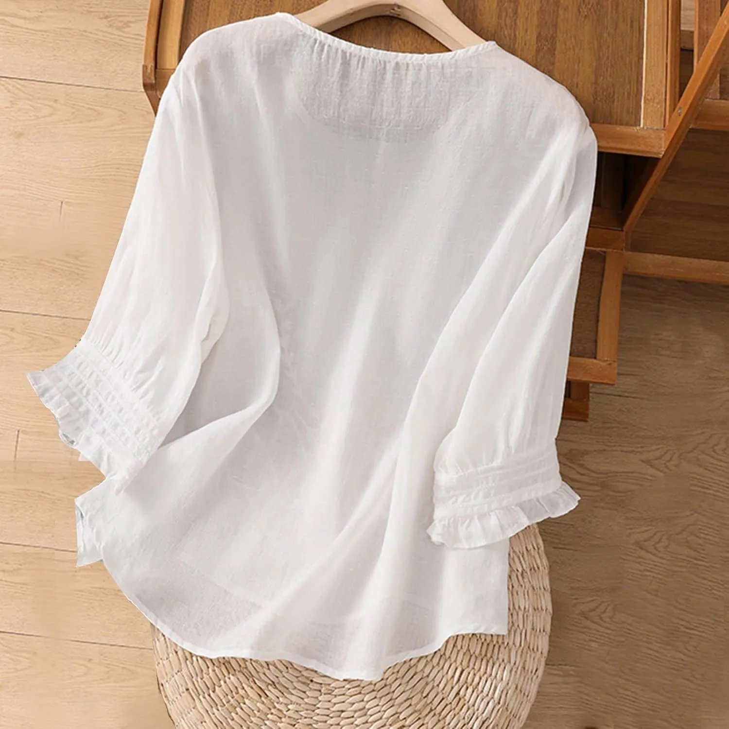 Embroidered Linen Shirts for Women 2025 Summer 3/4 Sleeve Boho Peasant Tops Vintage Crew Neck Blouses Tees Tunics