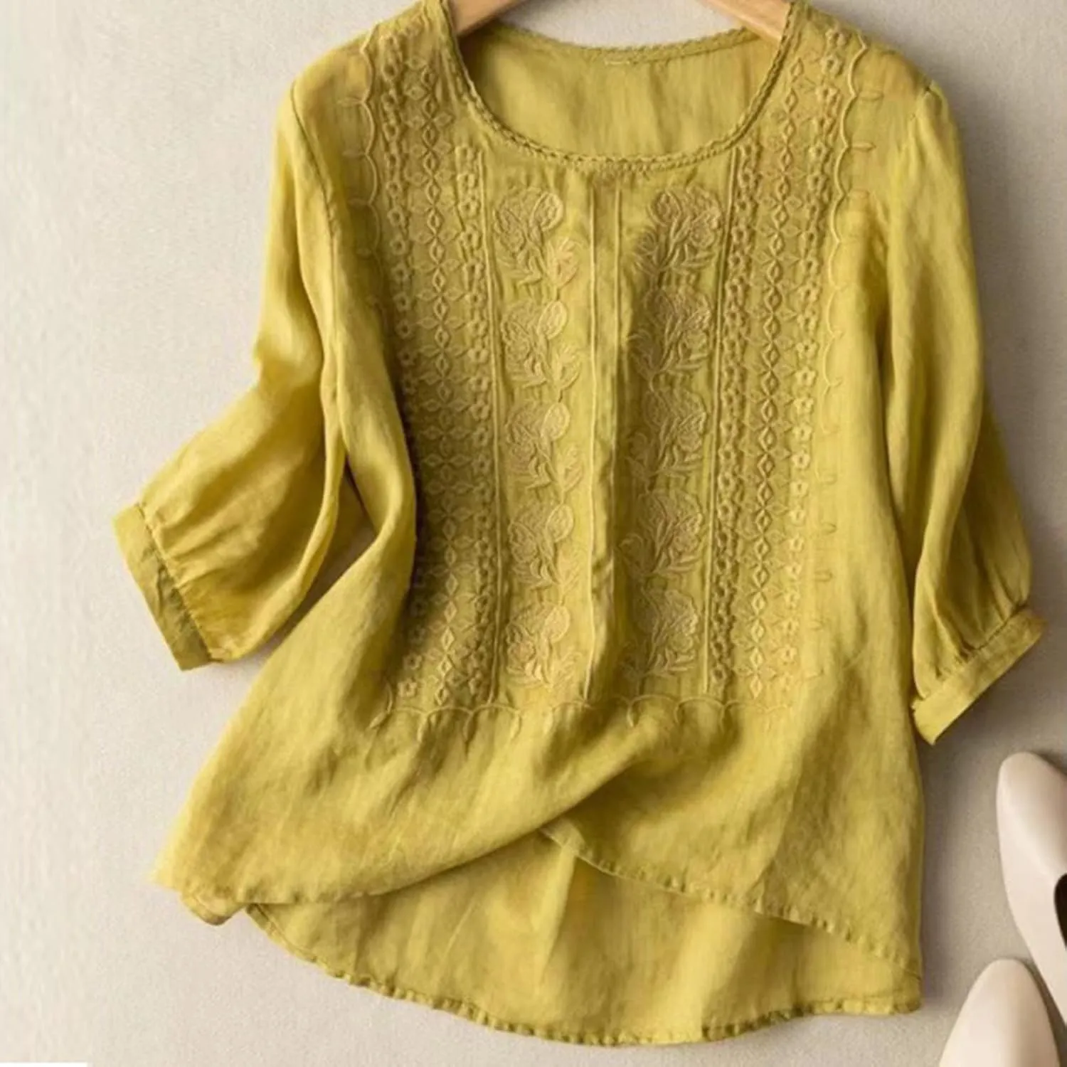 Embroidered Tees Cotton Linen Tops Women 2024 Fashion Crew Neck Boho Tshirts Loose Casual Tunics Summer Shirts