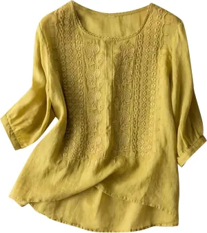 Embroidered Tees Cotton Linen Tops Women 2024 Fashion Crew Neck Boho Tshirts Loose Casual Tunics Summer Shirts