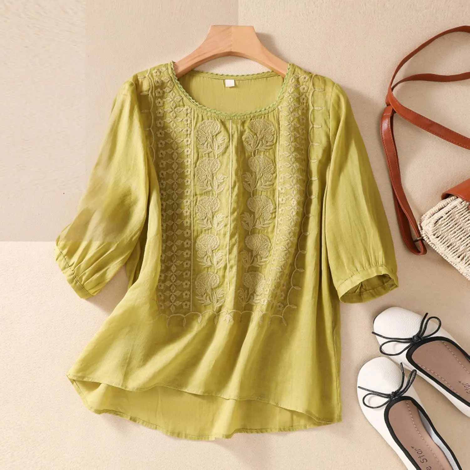 Embroidered Tees Cotton Linen Tops Women 2024 Fashion Crew Neck Boho Tshirts Loose Casual Tunics Summer Shirts