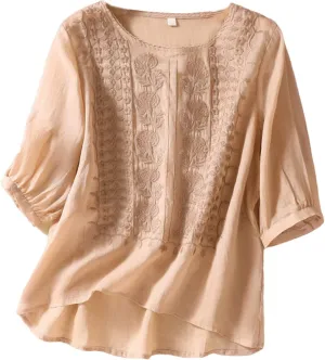 Embroidered Tees Cotton Linen Tops Women 2024 Fashion Crew Neck Boho Tshirts Loose Casual Tunics Summer Shirts