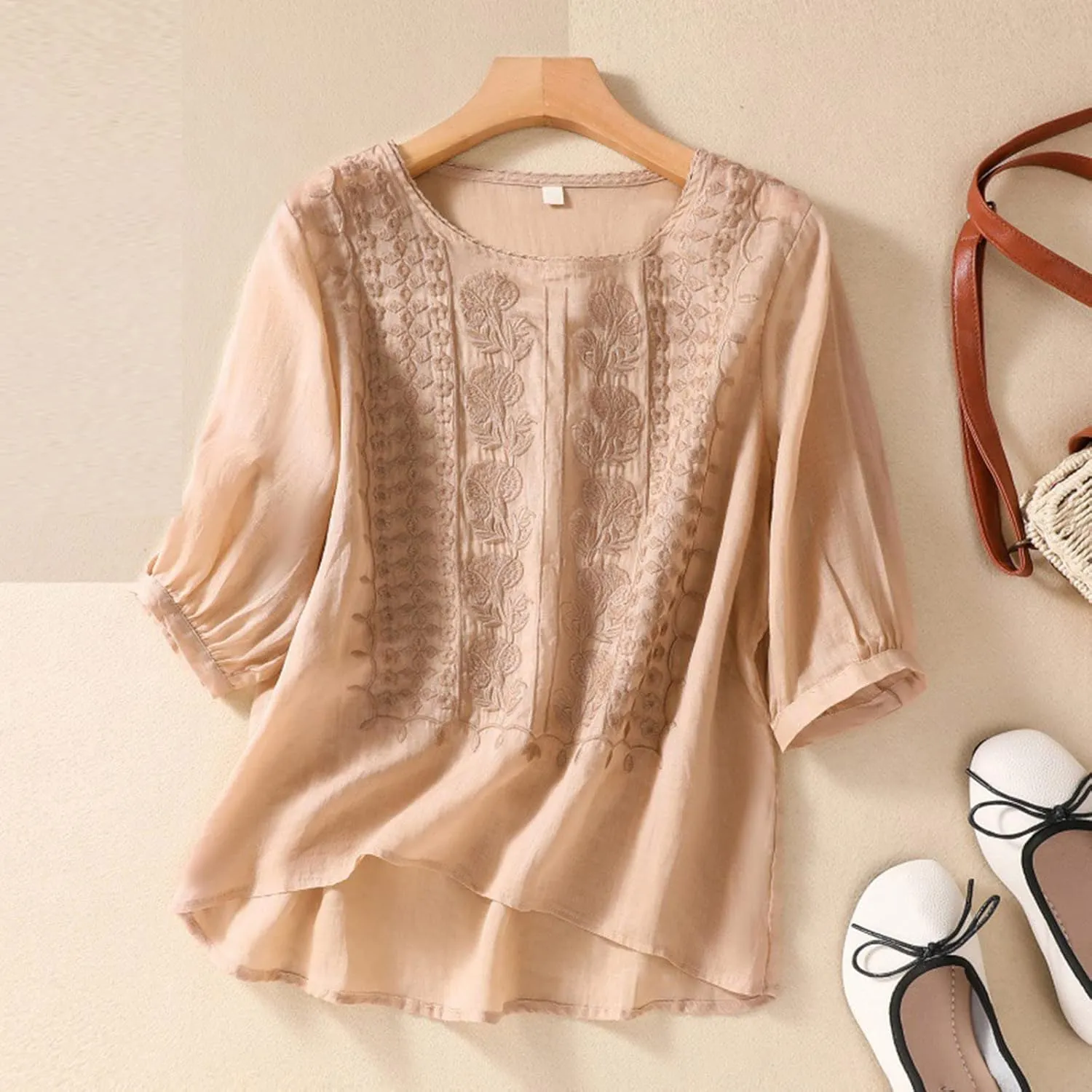 Embroidered Tees Cotton Linen Tops Women 2024 Fashion Crew Neck Boho Tshirts Loose Casual Tunics Summer Shirts